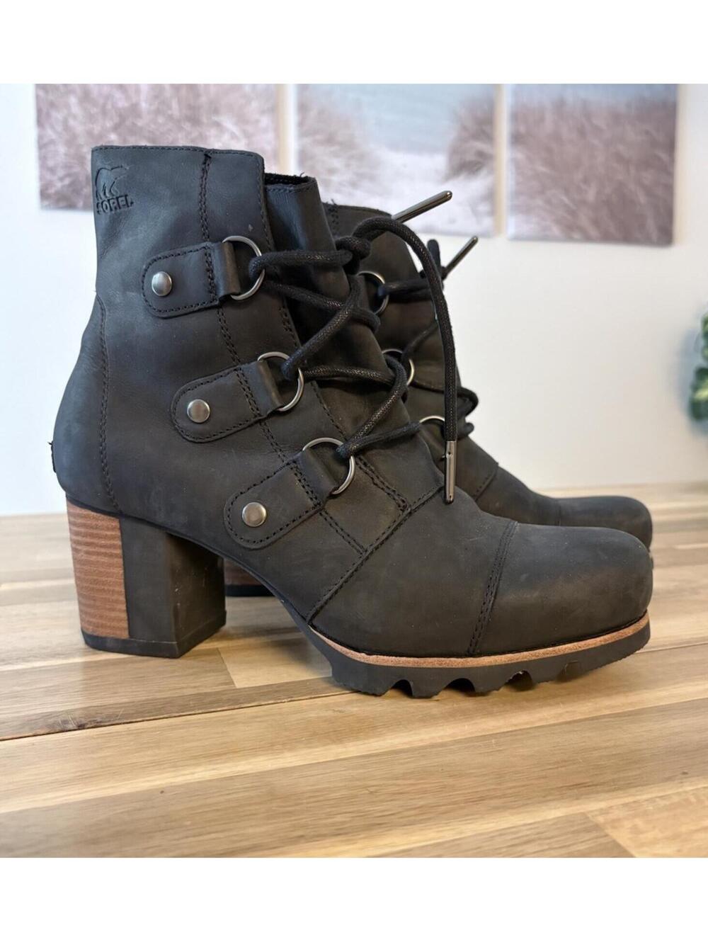 Sorel Addington Waterproof Heeled Lace Up Black Leather Boots Sz EU 40.5 US 9.5
